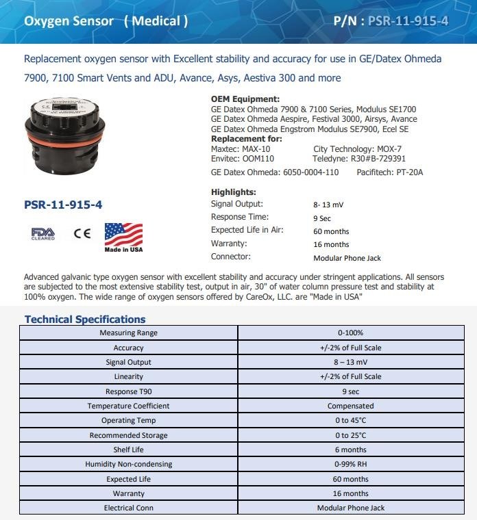 Sensor de oxigénio médico não tóxico de plástico portátil PSR-11-915-4 para 7900 7100 ADU