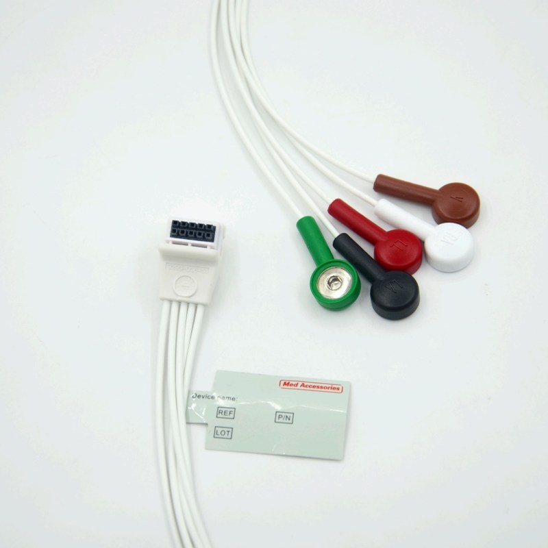 Compatível Mortara H3 Holter Recorder ECG Cable Leadwires 5 Leads Snap AHA