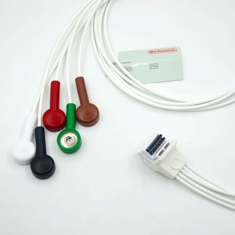 Compatível Mortara H3 Holter Recorder ECG Cable Leadwires 5 Leads Snap AHA